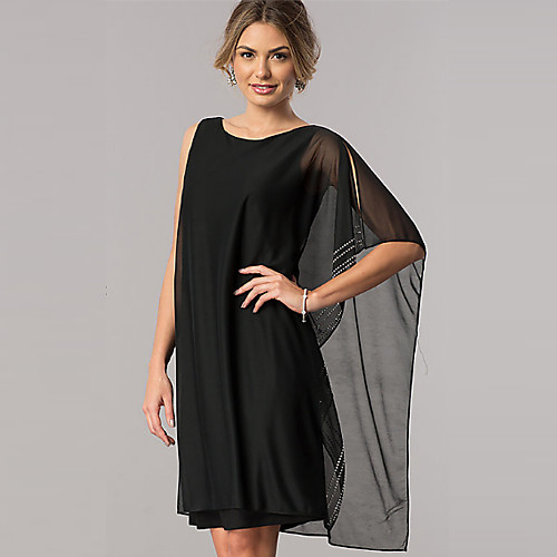 

Two Piece Sheath / Column Mother of the Bride Dress Plus Size Jewel Neck Knee Length Chiffon Half Sleeve with Ruching 2021