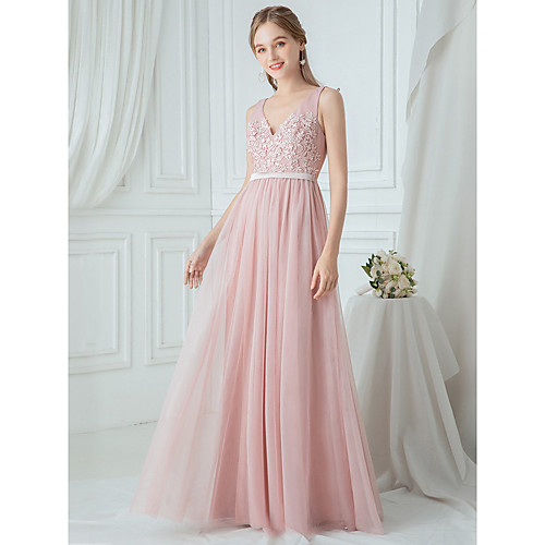 

A-Line Elegant & Luxurious Prom Dress Plunging Neck Sleeveless Floor Length Lace Tulle with Sash / Ribbon 2021
