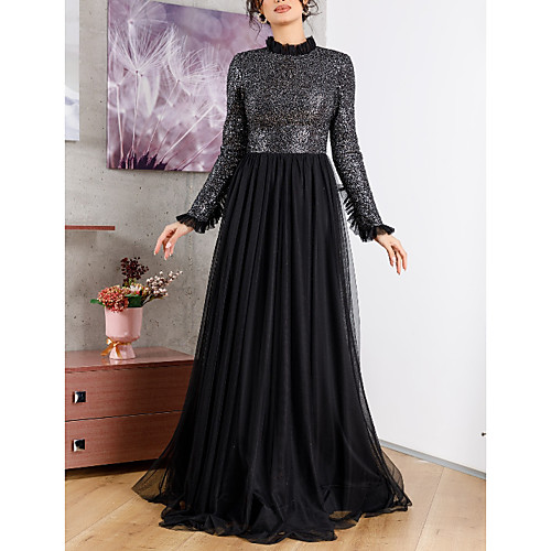 

A-Line Sparkle Wedding Guest Formal Evening Dress High Neck Long Sleeve Sweep / Brush Train Chiffon with Pleats Sequin 2021