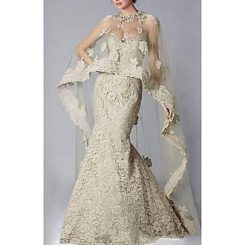 

Mermaid / Trumpet Luxurious Elegant Engagement Formal Evening Dress Illusion Neck Long Sleeve Sweep / Brush Train Lace Tulle with Lace Insert Appliques 2021