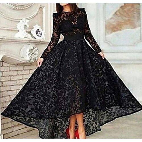 

A-Line Vintage Prom Formal Evening Dress Jewel Neck Long Sleeve Asymmetrical Lace with Pleats 2021