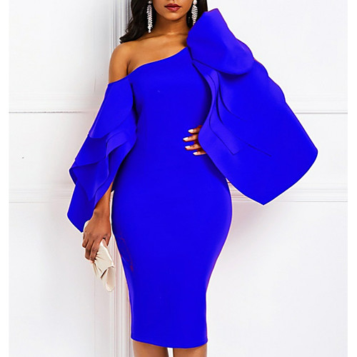

Sheath / Column Sexy Cocktail Party Formal Evening Dress One Shoulder Long Sleeve Knee Length Satin with Draping 2021