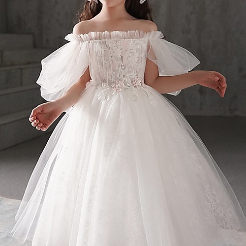 

Ball Gown Ankle Length Flower Girl Dresses First Communion Polyester Half Sleeve Off Shoulder with Appliques