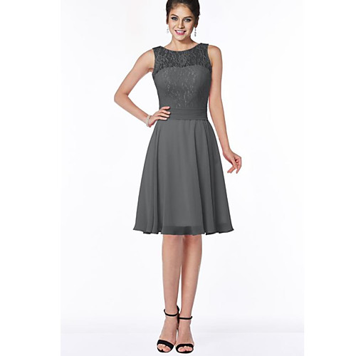 

A-Line Jewel Neck Knee Length Chiffon Bridesmaid Dress with Lace / Bow(s) / Pleats