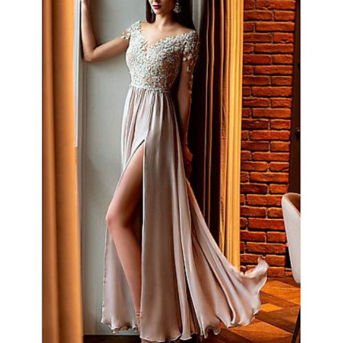 

A-Line Empire Sparkle Wedding Guest Prom Dress V Neck Half Sleeve Floor Length Chiffon Lace with Appliques Split Front 2021