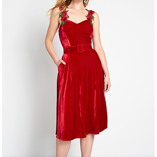 

A-Line Elegant Holiday Cocktail Party Dress Square Neck Sleeveless Tea Length Velvet with Appliques 2021