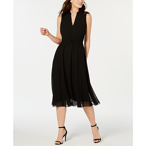 

A-Line Elegant Holiday Cocktail Party Dress Plunging Neck Sleeveless Tea Length Chiffon with Pleats 2021