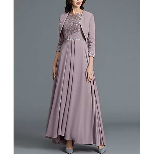 

Two Piece A-Line Mother of the Bride Dress Elegant Bateau Neck Floor Length Chiffon Lace 3/4 Length Sleeve with Embroidery 2021