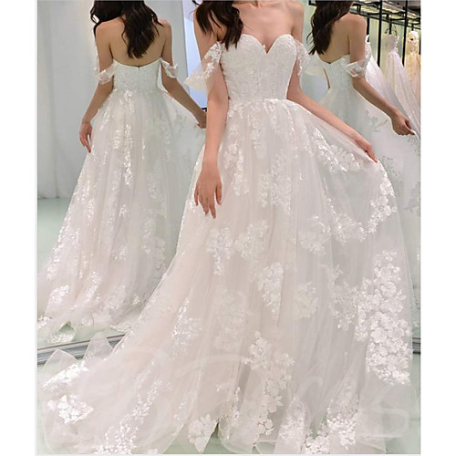 

A-Line Wedding Dresses Off Shoulder Sweep / Brush Train Chiffon Lace Strapless with Draping Appliques 2021