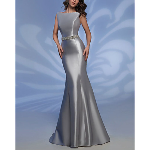 

Sheath / Column Elegant Formal Evening Dress Boat Neck Sleeveless Floor Length Satin with Sash / Ribbon 2021