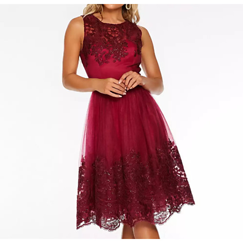 

A-Line Elegant Holiday Cocktail Party Valentine's Day Dress Jewel Neck Sleeveless Knee Length Stretch Satin Polyester with Pleats Lace Insert 2021