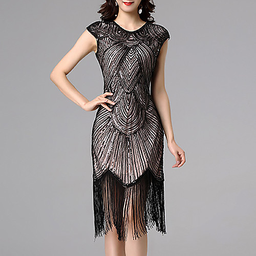 

Women's A Line Dress Blushing Pink Black Beige Sleeveless Color Block Geometric Sequins Tassel Fringe Round Neck 1920s Elegant Vintage S M L XL XXL