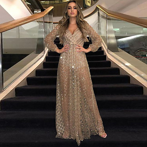 

Women's Swing Dress Maxi long Dress Gold Black Long Sleeve Solid Color Backless Sequins Mesh Fall Spring V Neck Sexy Party Slim 2021 S M L XL XXL