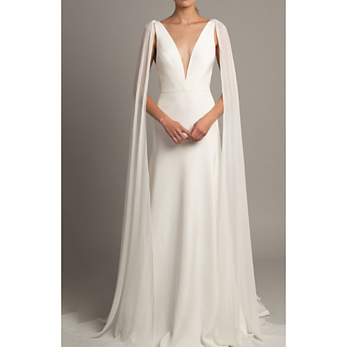 

A-Line Wedding Dresses V Neck Court Train Tulle Stretch Satin Regular Straps Cape with Ruched 2021