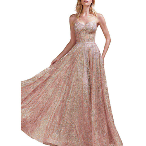 

A-Line Open Back Prom Formal Evening Dress Sweetheart Neckline Sleeveless Floor Length Sequined with Pleats Sequin 2021
