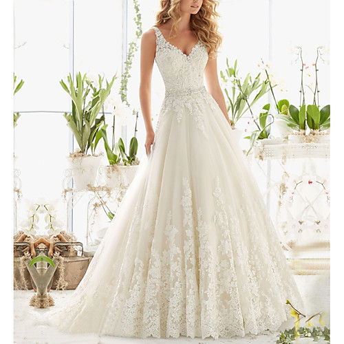 

A-Line Wedding Dresses V Neck Court Train Lace Regular Straps with Crystals Beading Appliques 2021