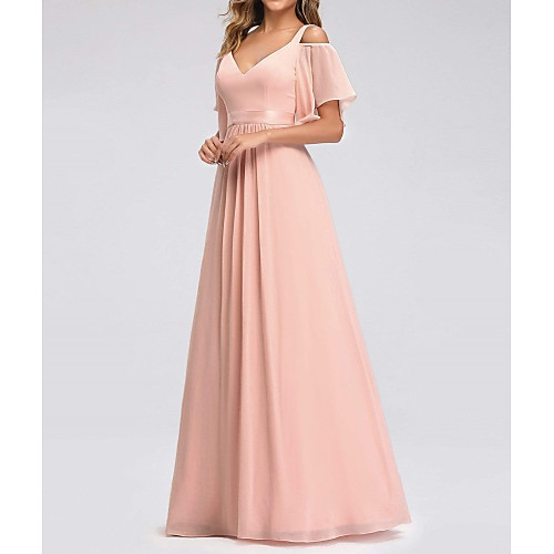 

A-Line V Neck Floor Length Chiffon Bridesmaid Dress with Pleats