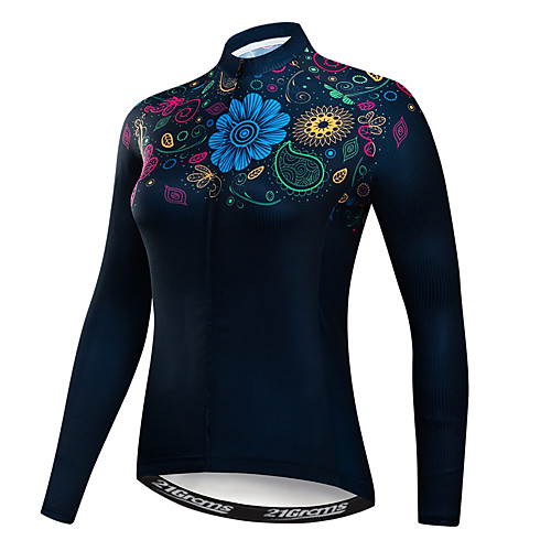 

21Grams Floral Botanical Women's Long Sleeve Cycling Jersey - Rough Black Bike Jersey Top UV Resistant Quick Dry Moisture Wicking Sports Winter Elastane Terylene Polyester Taffeta Mountain Bike MTB