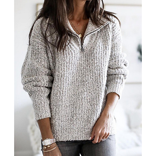

Women's Basic Casual Zipper Solid Color Pullover Sweater Long Sleeve Sweater Cardigans V Neck Fall Winter Blue Blushing Pink Gray Work