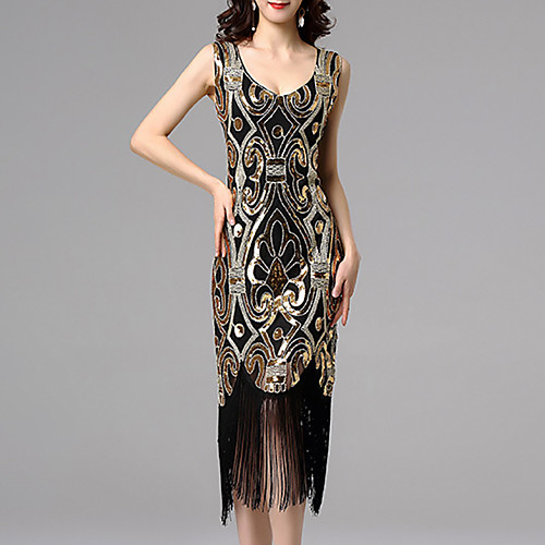 

Women's A Line Dress Midi Dress Blushing Pink Gold Black Red Sleeveless Color Block Geometric Sequins Tassel Fringe Round Neck Hot 1920s Elegant S M L XL XXL