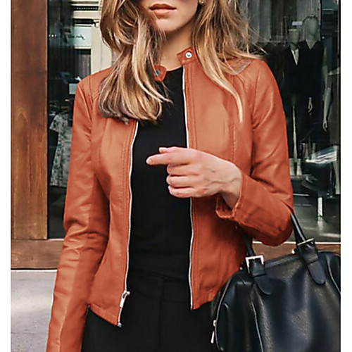 

Women's Daily Fall & Winter Regular Leather Jacket, Solid Colored V Neck Long Sleeve Polyester Black / Orange / Blue