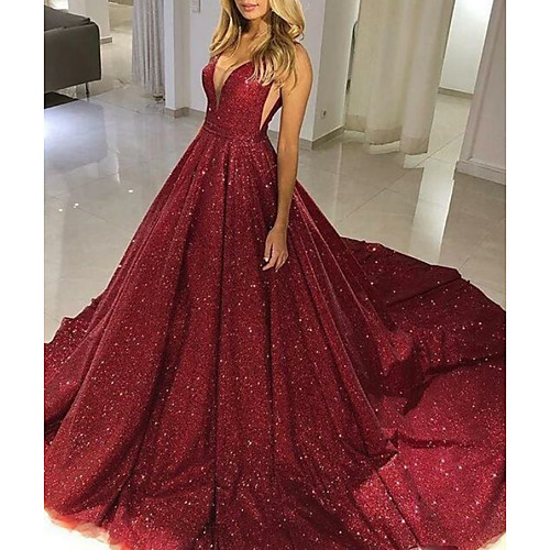 

Ball Gown Sparkle Quinceanera Formal Evening Valentine's Day Dress V Neck Sleeveless Chapel Train Tulle with Sequin 2021