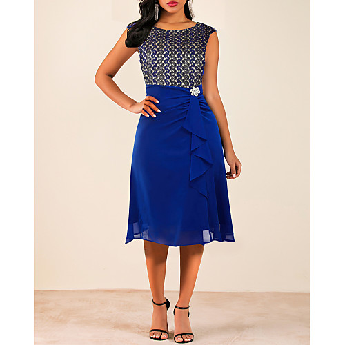 

Women's A Line Dress Midi Dress Blue Sleeveless Solid Colored Ruched Print Round Neck Going out M L XL XXL 3XL