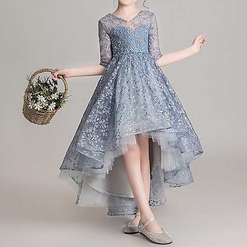 

Ball Gown Asymmetrical Flower Girl Dresses Pageant Polyester Half Sleeve Jewel Neck with Appliques