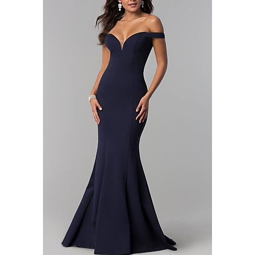

Mermaid / Trumpet Elegant Formal Evening Dress Off Shoulder Short Sleeve Sweep / Brush Train Jersey with Pleats 2021