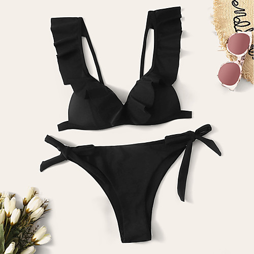 

Women's Bikini Tankini Swimsuit High Waist Lace up Ruffle Geometric Purple Yellow Wine Green White Swimwear Bandeau Bathing Suits