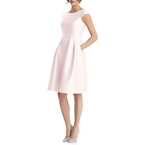 

A-Line Jewel Neck Knee Length Satin Bridesmaid Dress with Pleats