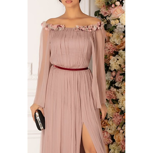 

A-Line Elegant Prom Dress Off Shoulder Long Sleeve Floor Length Chiffon with Pleats 2021