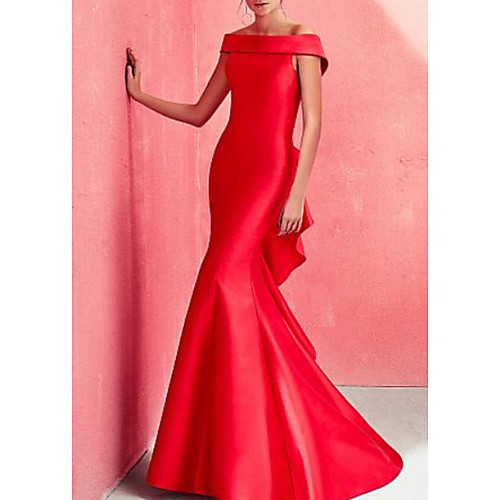

Mermaid / Trumpet Beautiful Back Engagement Formal Evening Dress Off Shoulder Short Sleeve Floor Length Satin with Ruffles Draping 2021