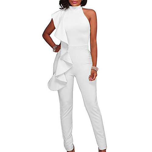 

Women's Party Going out Halter Neck Ruffle White Black Yellow Slim Bodysuit Solid Colored Cut Out Ruffle Cotton / Harem