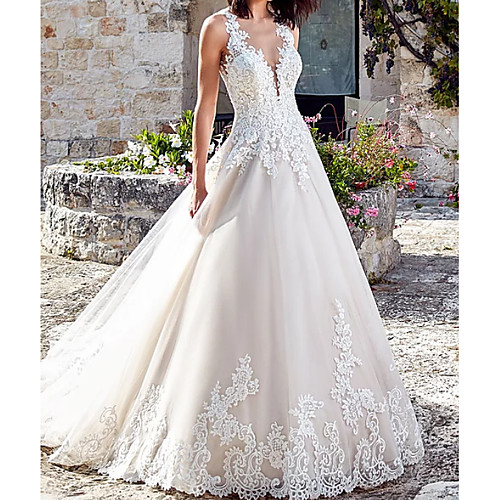 

A-Line Wedding Dresses V Neck Court Train Lace Tulle Regular Straps with Crystals Beading Embroidery 2021