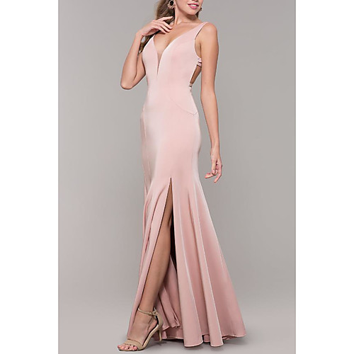 

Mermaid / Trumpet Elegant Formal Evening Dress Plunging Neck Sleeveless Floor Length Satin with Pleats Split Front 2021