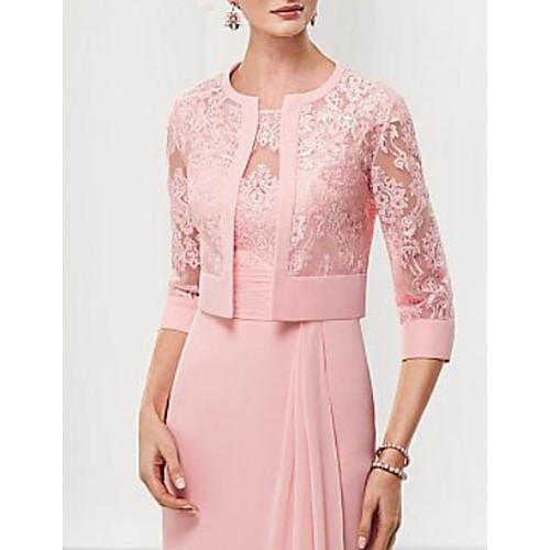 

Sheath / Column Mother of the Bride Dress Wrap Included Jewel Neck Knee Length Lace Satin 3/4 Length Sleeve with Ruching 2021