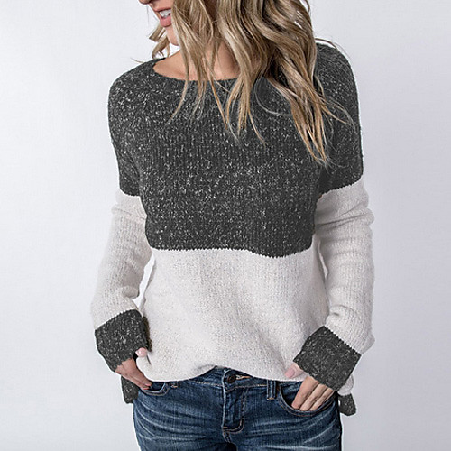 

Women's Color Block Pullover Long Sleeve Sweater Cardigans Round Neck Black