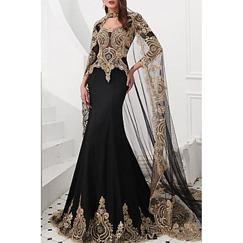 

Mermaid / Trumpet Sparkle Engagement Formal Evening Dress High Neck Long Sleeve Court Train Satin Tulle with Appliques 2021