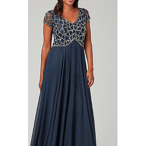 

A-Line Mother of the Bride Dress Elegant & Luxurious V Neck Floor Length Chiffon Short Sleeve with Crystals 2021