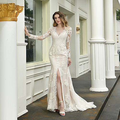 

Mermaid / Trumpet Wedding Dresses V Neck Sweep / Brush Train Lace Long Sleeve Illusion Sleeve with Beading Appliques 2021