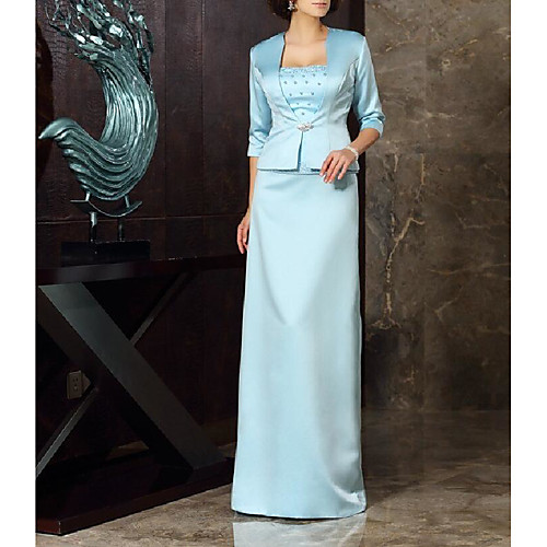 

Two Piece Sheath / Column Mother of the Bride Dress Elegant Strapless Floor Length Satin 3/4 Length Sleeve with Draping 2021