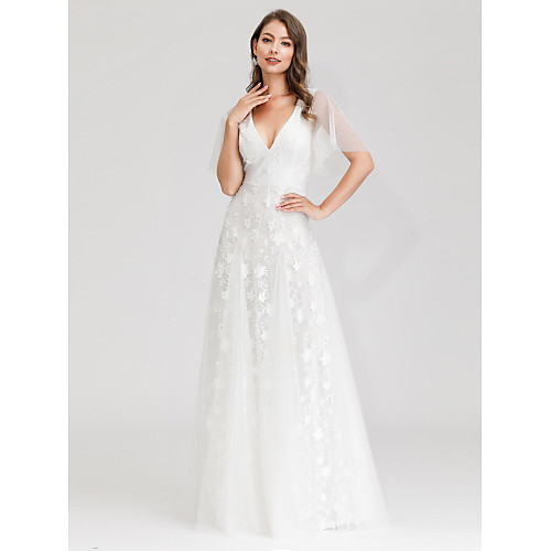 

A-Line Wedding Dresses V Neck Maxi Tulle Short Sleeve Little White Dress Illusion Detail with Lace 2021