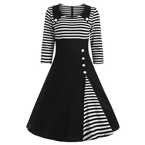

Women's A Line Dress - 3/4 Length Sleeve Striped Patchwork Peter Pan Collar Elegant Sophisticated Dress Wine Black Navy Blue S M L XL XXL XXXL XXXXL / Cotton