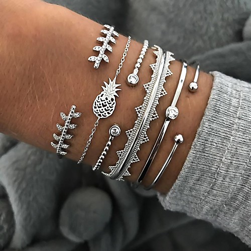 

6pcs Women's Crystal Bracelet Bangles Cuff Bracelet Silver Bracelets Classic Leaf Pineapple Wave Statement Fashion Punk European Trendy Rhinestone Bracelet Jewelry Silver For Party Street Gift