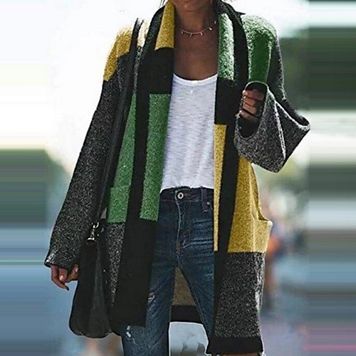 

Women's Daily Regular Trench Coat, Color Block Collarless Long Sleeve Polyester Purple / Yellow / Orange