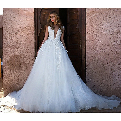 

Ball Gown Wedding Dresses V Neck Chapel Train Tulle Regular Straps with 2021