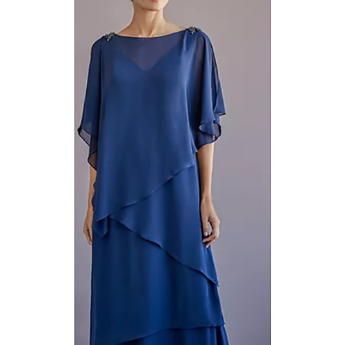 

Sheath / Column Mother of the Bride Dress Plus Size Bateau Neck Floor Length Chiffon Half Sleeve with Draping 2021