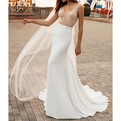 

Mermaid / Trumpet Wedding Dresses V Neck Court Train Satin Regular Straps with Crystals Beading Embroidery 2021