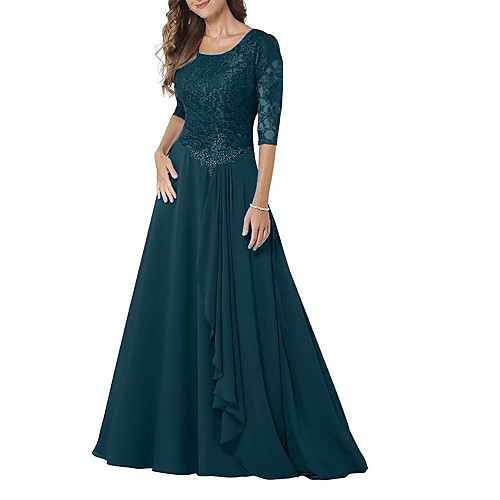 

A-Line Mother of the Bride Dress Elegant & Luxurious Jewel Neck Floor Length Chiffon Lace Half Sleeve with Beading Ruching 2021 / Bell Sleeve